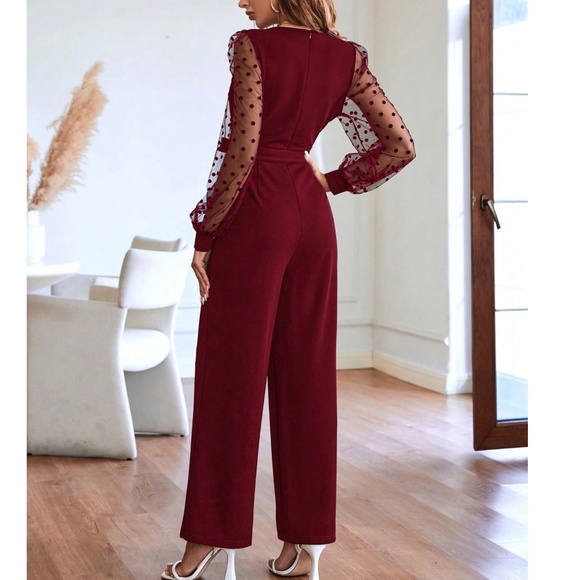 Classic Polka Dot Semi Sheer Long Sleeve Belted Straight Leg Jumpsuit - Picture 7 of 8